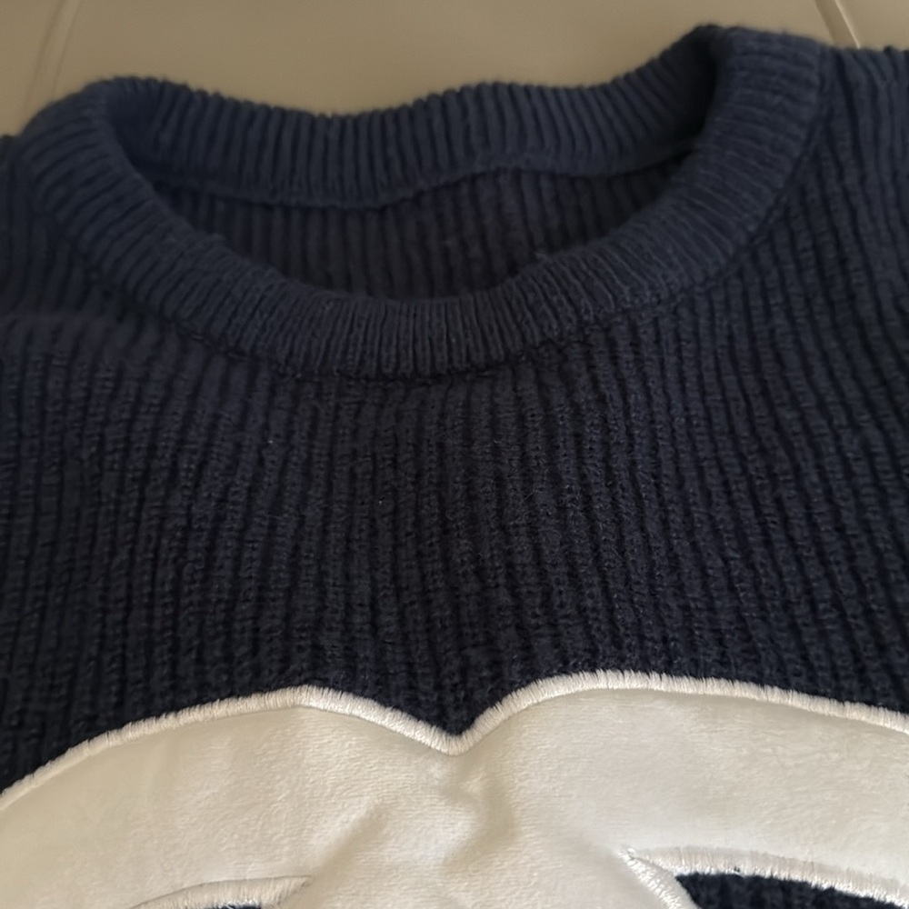 Chanel Navy Blue Oversized Knit Logo Sweater CC Double C Patch Fits M - XL - Picture 7 of 7